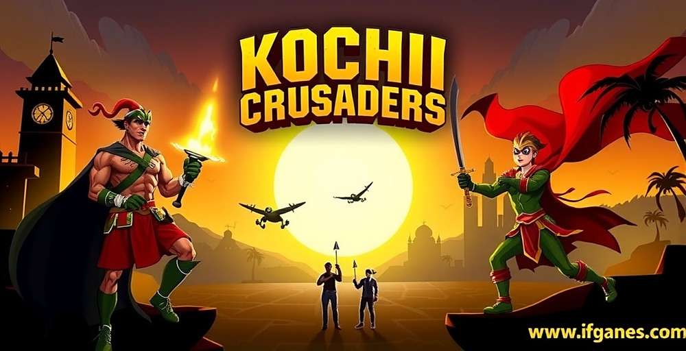 Kochi Crusaders Official Game Cover Kochi Crusaders game cover featuring Kerala landmarks and heroic characters
