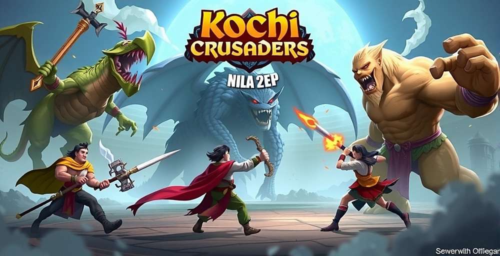 Kochi Crusaders Battle Scene Kochi Crusaders gameplay showing a battle scene with characters fighting mythical creatures